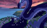  all_fours ambiguous_gender aries artofmander blue_body blue_fur detailed_background dragon feral flower fur grass hair hi_res horn island looking_at_viewer looking_back noodle outside plant rock sitting sky solo sunset water wings 