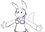  2021 2_horns 4_fingers anthro blush bottomless clothed clothing colored_sketch eyewear felibold felino fingers front_view goggles goggles_around_neck hi_res horn kobold male monochrome open_mouth scalie shirt simple_background sketch smile solo spread_arms topwear torso_shot white_background 