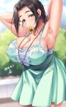  1girl adjusting_hair armpits arms_up bare_shoulders blurry blush bra breasts cleavage collarbone cowboy_shot dated depth_of_field dress ebihara_naho forehead frilled_dress frills green_dress highres idolmaster idolmaster_cinderella_girls jewelry large_breasts looking_at_viewer mouth_hold necklace outdoors pleated_dress scrunchie see-through signature solo sweat sweatdrop underwear yoohi 