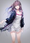  1girl absurdres bangs blue_eyes cowboy_shot dress eyebrows_visible_through_hair girls_frontline gradient gradient_background grey_background hair_between_eyes highres irikawa jacket long_hair one_side_up open_mouth pink_hair sidelocks sketch sleeveless sleeveless_dress solo spaghetti_strap st_ar-15_(girls_frontline) white_dress 