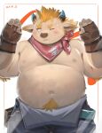  2021 anthro babe_bunyan belly blush bodily_fluids bovid bovine brown_body brown_fur cai1448331577 cattle fur hi_res kemono male mammal moobs navel nipples overweight overweight_male solo sweat tokyo_afterschool_summoners video_games 