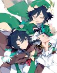  2boys androgynous bangs barbatos_(genshin_impact) beret black_hair blue_eyes blue_hair bow braid brooch brown_cloak cape cloak closed_eyes collared_cape collared_shirt elemental_(creature) flower frilled_sleeves frills gem genshin_impact gradient_hair green_headwear hair_flower hair_ornament hat hat_flower highres hood hood_up hooded_cloak jewelry leaf long_sleeves male_focus multicolored_hair multiple_boys nameless_bard_(genshin_impact) open_mouth shirt short_hair_with_long_locks simple_background smile spirit tassel twin_braids venti_(genshin_impact) vision_(genshin_impact) waaaai_osushi white_background white_flower white_shirt 