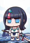  1girl april_fools bangs black_hair blue_eyes chibi cloud detached_sleeves eyebrows_visible_through_hair fate/grand_order fate/requiem fate_(series) highres holding holding_spear holding_weapon long_hair long_sleeves magatama_hair_ornament multicolored_hair official_art pink_hair polearm riyo_(lyomsnpmp) sideless_outfit sleeves_past_wrists solo spear utsumi_erise water weapon 