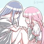  2girls artist_name blue_hair blush braid eye_contact hand_on_another&#039;s_leg long_hair looking_at_another low_ponytail magia_record:_mahou_shoujo_madoka_magica_gaiden mahou_shoujo_madoka_magica multiple_girls nanami_yachiyo on_ground pink_hair profile sitting smile studiozombie tamaki_iroha yuri 