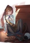  absurdres accident arm_support breasts brown_hair cleavage coffee coffee_pot collared_shirt commentary_request cy9 fallen_down full_body girls_frontline green_eyes highres large_breasts long_hair long_sleeves m1903_springfield_(girls_frontline) mary_janes on_floor one_eye_closed open_clothes open_shirt pantyhose ponytail shirt shoes sitting spill tearing_up tray wet wet_clothes wet_shirt white_shirt wooden_floor 