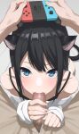  1boy 1girl animal_ear_fluff animal_ears bangs black_hair blue_eyes cat_ears cat_girl cat_tail censored commentary_request erection fellatio fingernails grey_background hetero highres joy-con kaminari_doon long_fingernails long_hair long_sleeves looking_at_viewer looking_up mosaic_censoring off-shoulder_sweater off_shoulder oral original penis penis_grab pov pov_hands revision sleeves_past_wrists solo_focus sweater tail white_sweater 