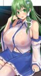  1girl :d absurdres blue_skirt breasts collared_shirt detached_sleeves ebi_193 eyebrows_visible_through_hair frilled_skirt frills frog_hair_ornament green_eyes green_hair hair_ornament hair_tubes hand_in_hair highres huge_breasts kochiya_sanae long_hair looking_at_viewer navel nipples nontraditional_miko open_mouth see-through shirt sitting skirt smile snake_hair_ornament solo touhou white_legwear white_shirt wide_sleeves 