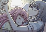  2girls artist_name blue_hair closed_eyes glasses lamp light_smile long_hair lying lying_on_person magia_record:_mahou_shoujo_madoka_magica_gaiden mahou_shoujo_madoka_magica multiple_girls nanami_yachiyo on_back on_bed pink_hair reading sleeping studiozombie tamaki_iroha yuri 