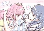  2girls artist_name between_breasts blue_hair breasts hand_on_another&#039;s_head head_between_breasts heart long_hair lying lying_on_person magia_record:_mahou_shoujo_madoka_magica_gaiden mahou_shoujo_madoka_magica multiple_girls nanami_yachiyo on_back pink_hair shirt spoken_heart striped striped_shirt studiozombie tamaki_iroha yuri 