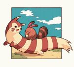  brown_eyes closed_eyes closed_mouth cloud from_side furret gen_2_pokemon grass looking_back no_humans open_mouth panmimi paws pokemon pokemon_(creature) riding_pokemon sentret sky toes 