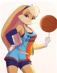  2021 anthro ball basketball_(ball) bottomwear clothing evomanaphy female hi_res lagomorph leporid lidded_eyes lola_bunny looking_at_viewer looney_tunes mammal rabbit shorts simple_background solo space_jam sport uniform warner_brothers white_background 