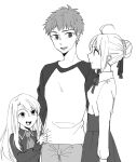  1boy 2girls artoria_pendragon_(all) emiya_shirou fate_(series) hair_bun illyasviel_von_einzbern long_hair monochrome multiple_girls neckwear raglan_sleeves ronpaxronpa saber short_hair skirt smile tug 