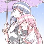  2girls ^_^ arm_hug blue_hair blush closed_eyes long_hair magia_record:_mahou_shoujo_madoka_magica_gaiden mahou_shoujo_madoka_magica multiple_girls nanami_yachiyo pink_hair rain smile studiozombie tamaki_iroha umbrella yuri 