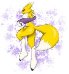  abstract_background anthro arm_warmers armwear biped brisket_tuft butt chest_tuft claws clothing digimon digimon_(species) digitigrade fluffy fluffy_tail fur hi_res kanahu looking_at_viewer looking_back narrowed_eyes paws renamon simple_background solo thick_thighs tuft white_background yellow_body yellow_fur 