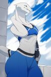  2020 anthro biped bra butt clothing con5710 female hi_res holding_object looking_away low-angle_view midriff muscular muscular_anthro muscular_female navel open_mouth outside scalie solo sports_bra standing sweatpants thick_thighs underwear wide_hips 