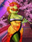  2021 alternate_species anthro april_o&#039;neil asian_clothing big_breasts breasts chochi cleavage clothed clothing east_asian_clothing female flower green_body hi_res holding_object holding_umbrella japanese_clothing kimono non-mammal_breasts plant reptile scalie solo teenage_mutant_ninja_turtles turtle umbrella 