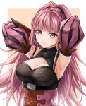  1girl armpits arms_behind_back arms_up bangs blunt_bangs border breasts cleavage cleavage_cutout closed_mouth clothing_cutout corset detached_sleeves earrings fire_emblem fire_emblem:_three_houses hilda_valentine_goneril hoop_earrings jewelry looking_at_viewer medium_breasts orange_background outside_border pink_eyes pink_hair pink_sleeves simple_background smile solo striped_sleeves ten_(tenchan_man) underbust upper_body white_border 