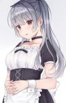  1girl apron bangs black_dress black_neckwear black_ribbon blush breasts brown_eyes choker collarbone dress eyebrows_visible_through_hair grey_background grey_hair hair_ribbon hands_together highres long_hair maid medium_breasts mizunashi_kenichi open_mouth original ribbon short_sleeves simple_background solo twintails white_apron wrist_cuffs 