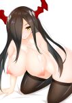  1girl absurdres azur_lane black_hair black_legwear breasts finger_to_mouth friedrich_der_grosse_(azur_lane) growing_naru hair_over_one_eye highres horns large_breasts long_hair looking_at_viewer mechanical_horns nipples nude red_horns shiny shiny_skin simple_background solo thighhighs white_background yellow_eyes 