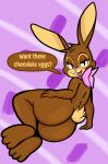  anthro big_butt brown_body brown_fur butt cadbury cadbury_bunny female fur hand_on_hip hi_res looking_at_viewer looking_back mascot nude pink_nose solo someth1ngoranother speech_bubble text 
