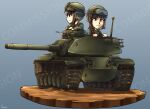  2girls black_hair blue_background brown_eyes brown_hair caterpillar_tracks english_commentary ground_vehicle hat hermann highres m60_main_battle_tank military military_hat military_uniform military_vehicle motor_vehicle multiple_girls original short_hair smile tank tank_helmet uniform 