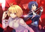  2girls ahoge antenna_hair aoten_(aoiroarekore) arcueid_brunestud between_fingers black_dress black_keys_(type-moon) blonde_hair blue_eyes blue_hair breasts ciel_(tsukihime) closed_mouth dress frown hair_intakes holding holding_sword holding_weapon jewelry long_sleeves medium_breasts multiple_girls necklace nun red_background red_eyes shiny shiny_hair short_hair sweater sword tsukihime twitter_username v-shaped_eyebrows weapon white_sweater 