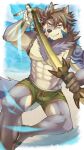  5keys_x86 abs anthro bottomwear canid canine canis clothing fur grey_body grey_fur hi_res male mammal muscular muscular_anthro muscular_male nipples pecs shorts solo swimwear temujin tokyo_afterschool_summoners video_games wolf 