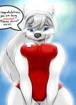  anthro big_breasts blackbetty blue_eyes breasts canid canine canis cleavage clothed clothing domestic_dog female glowing hair lifeguard long_hair looking_at_viewer looking_down mammal smile solo swimwear text wide_hips 
