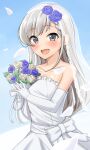  1girl :d bangs blue_background blue_flower blue_rose blush bouquet bow braid braided_bangs commentary_request dress elbow_gloves eyebrows_visible_through_hair flower frilled_dress frills gloves grey_eyes grey_hair hair_flower hair_ornament highres hisakawa_hayate holding holding_bouquet idolmaster idolmaster_cinderella_girls idolmaster_cinderella_girls_starlight_stage looking_at_viewer mitsumine_raimu open_mouth petals rose see-through smile solo strapless strapless_dress veil white_bow white_dress white_flower white_gloves white_rose 