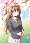  1girl bangs black_jacket blue_eyes blurry blush bow breasts brown_hair character_name cherry_blossoms closed_mouth collared_shirt commentary_request dated day deadnooodles depth_of_field hair_between_eyes hair_bow hands_together happy_birthday highres jacket long_hair long_sleeves looking_at_viewer looking_up love_live! love_live!_nijigasaki_high_school_idol_club medium_breasts nijigasaki_academy_uniform ousaka_shizuku outdoors petals pink_bow plaid plaid_skirt pleated_skirt school_uniform shirt skirt smile solo white_shirt white_skirt yellow_neckwear 