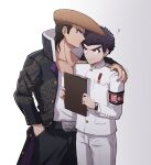  2boys ? arm_around_shoulder armband badge bangs belt black_belt black_coat black_hair black_pants brown_hair buttons coat collarbone commentary_request danganronpa:_trigger_happy_havoc danganronpa_(series) dragon_print hand_in_pocket hands_up hat highres holding ishimaru_kiyotaka jacket long_hair looking_to_the_side male_focus military military_uniform mizukura_ion multicolored_hair multiple_boys oowada_mondo open_clothes open_coat pants pompadour print_coat profile red_eyes school_uniform shirt shirt_tucked_in short_hair simple_background smile standing two-tone_hair uniform watch white_background white_gakuran white_jacket white_pants white_shirt widow&#039;s_peak wristwatch 