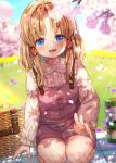 1girl alternate_costume basket blanket blonde_hair blue_eyes blurry blurry_background blush bug butterfly casual cherry_blossoms contemporary dappled_sunlight day grass hair_ribbon head_tilt highres insect long_hair long_sleeves looking_at_viewer moriya_suwako nora_wanko outdoors overalls parted_lips picnic picnic_basket red_ribbon ribbon shirt sidelocks sitting smile solo sunlight suspenders thermos touhou tress_ribbon white_shirt 