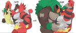  against_wall anthro biceps blush duo grin hair hi_res hyaku_(artist) incineroar long_hair male male/male muscular muscular_anthro muscular_male nintendo pecs pok&eacute;mon pok&eacute;mon_(species) rillaboom sharp_teeth size_difference smile teeth thwackey video_games 