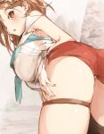  1girl :o ass atelier_(series) atelier_ryza atelier_ryza_2 blush breasts brown_eyes brown_hair earrings hair_behind_ear hand_on_own_thigh highres jewelry large_breasts open_mouth red_shorts reisalin_stout shigure_(shigure_43) shirt short_hair short_shorts shorts single_thighhigh skindentation thick_thighs thigh_strap thighhighs thighs white_shirt 