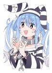  1girl animal_ears animal_hat blue_hair blush_stickers bunny_ears bunny_hat cuffs eyebrows_visible_through_hair hair_between_eyes handcuffs hat hololive ixy long_hair long_sleeves official_alternate_costume open_mouth red_eyes simple_background solo striped striped_headwear symbol_commentary thick_eyebrows twintails upper_body usada_pekora virtual_youtuber white_background 