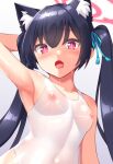  1girl animal_ear_fluff animal_ears arm_behind_head armpits bangs black_hair blue_archive blue_ribbon breasts cat_ears cat_girl collarbone commentary_request covered_navel covered_nipples extra_ears fang gradient gradient_background hair_ribbon halo long_hair looking_at_viewer medium_breasts one-piece_swimsuit open_mouth purple_background red_eyes reward_available ribbon see-through serika_(blue_archive) solo swimsuit tassel tokyo_yamane twintails wet wet_clothes wet_swimsuit white_swimsuit 