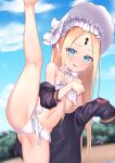  1girl abigail_williams_(fate) bangs bikini black_jacket blonde_hair blue_eyes blue_sky blurry blurry_background blush bonnet bow cloud commentary_request day depth_of_field fate/grand_order fate_(series) feet_out_of_frame gmkj hair_bow highres jacket keyhole leg_up long_hair long_sleeves looking_at_viewer navel off_shoulder open_clothes open_jacket outdoors parted_bangs parted_lips signature sky sleeves_past_fingers sleeves_past_wrists smile solo split standing standing_on_one_leg standing_split swimsuit very_long_hair white_bikini white_bow white_headwear 