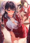  bangs blush breasts commentary_request highres jacket kawai large_breasts leaning_forward long_hair long_sleeves looking_at_viewer multiple_girls original purple_eyes purple_hair red_jacket red_shorts shirt shorts solo_focus thighs white_shirt 