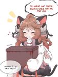  1girl ^_^ animal_ears arknights black_legwear black_ribbon blush box cape cat_ears cat_girl cat_tail closed_eyes closed_mouth curled_horns dress eighth_note english_text eyjafjalla_(arknights) hair_ribbon holding holding_box horns kemonomimi_mode kurotofu long_sleeves musical_note notice_lines puffy_long_sleeves puffy_sleeves ribbon simple_background sleeves_past_wrists smile solo tail thighhighs torn_cape torn_clothes white_background white_cape white_dress 
