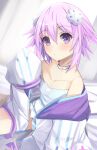  1girl absurdres bare_shoulders bimmy blush breasts choker d-pad d-pad_hair_ornament hair_between_eyes hair_ornament highres hood hooded_jacket jacket lying medium_hair neptune_(neptune_series) neptune_(series) on_bed panties purple_eyes purple_hair small_breasts solo strapless underwear 