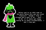  ambiguous_gender anthro black_background black_body blush bovid caprine clothed clothing deltarune digital_media_(artwork) english_text eyewear glasses goat hat headgear headwear looking_at_viewer mammal ralsei sadwes scarf shaded simple_background simple_shading solo standing text video_games white_eyes 