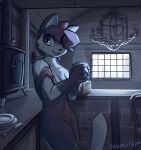  2021 anthro branches_(enginetrap) breasts clothed clothing cup cutlery detailed_background domestic_cat enginetrap felid feline felis female fork fur gloves_(marking) hi_res holding_cup holding_object inside kitchen_utensils light lighting mammal markings plate solo tools window 