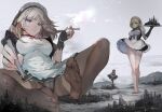  100percentlucky 3girls cigarette commentary english_commentary giant giantess girls_frontline highres holding holding_cigarette maid maid_headdress multiple_girls panties panties_under_pantyhose pantyhose smoking underwear wind wind_lift 