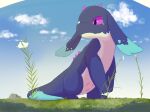  blue_body cloud detailed_background dragon earth_wyrm feirune female feral floppy_ears flower grass hi_res horn kumo_desu_ga_nani_ka? looking_away plant purple_eyes rock solo spots standing unknown_artist 