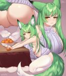  1girl :3 absurdres alinafoxglove animal_ears ass blush breasts closed_mouth collaboration commission eyebrows_visible_through_hair fox_ears fox_girl fox_tail green_hair grey_sweater highres iwbitu-sa kotatsu large_breasts long_hair looking_at_viewer meme_attire original pussy seiza sideboob sitting smile solo sweater table tail thighhighs virgin_killer_sweater white_legwear yellow_eyes 