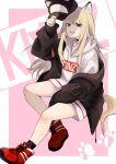  absurdres animal_ears blonde_hair dog_ears dog_tail full_body grin hat hat_removed headwear_removed highres holding holding_clothes holding_hat hood hood_down hoodie jacket kmnz long_hair mc_lita no_pants off_shoulder open_clothes open_jacket oversized_clothes sitting smile suzukano_pon tail virtual_youtuber 