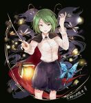  1girl antennae bangs baton_(instrument) black_background black_shorts blouse bug butterfly cape collared_blouse dragonfly eyebrows_visible_through_hair fireflies firefly green_eyes green_hair hand_up hisona_(suaritesumi) insect long_sleeves looking_at_viewer open_mouth short_hair shorts solo swept_bangs touhou two-sided_cape two-sided_fabric white_blouse wriggle_nightbug 