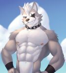  2021 abs anthro biceps canid canine canis chest_tuft collar eye_patch eyewear fur grey_body grey_fur half-length_portrait hands_on_hips hi_res jrjresq male mammal muscular muscular_anthro muscular_male nintendo nipples open_mouth open_smile pecs portrait red_eyes sharp_teeth smile solo star_fox teeth triceps tuft video_games wolf wolf_o&#039;donnell wristband 