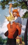  2021 4_toes 5_fingers anthro bastika breasts canid canine clothed clothing day detailed_background digital_media_(artwork) duo feet felid feline female fennec fingers fox grass hi_res male mammal outside plant sky smile toes tree 