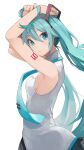  1girl aqua_eyes aqua_nails aqua_neckwear armpits arms_up bare_shoulders breasts commentary earrings fingernails from_side grey_shirt hatsune_miku highres hiroki_(yyqw7151) jewelry long_fingernails long_hair looking_at_viewer looking_to_the_side necktie number_tattoo parted_lips shirt shoulder_tattoo sideboob simple_background sleeveless sleeveless_shirt small_breasts solo tattoo twintails very_long_hair vocaloid white_background 